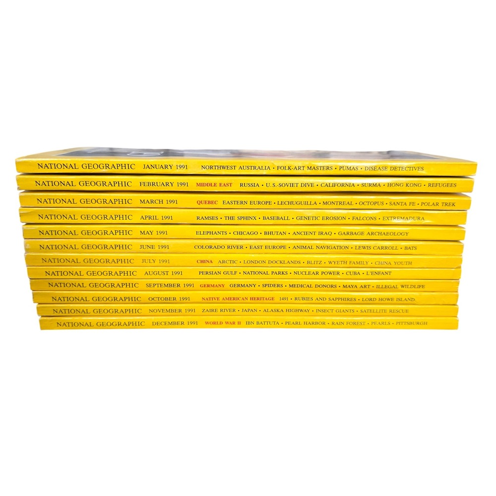 National Geographic Magazines 1991 Full Year Set 12 Issues Yellow Good Vintage